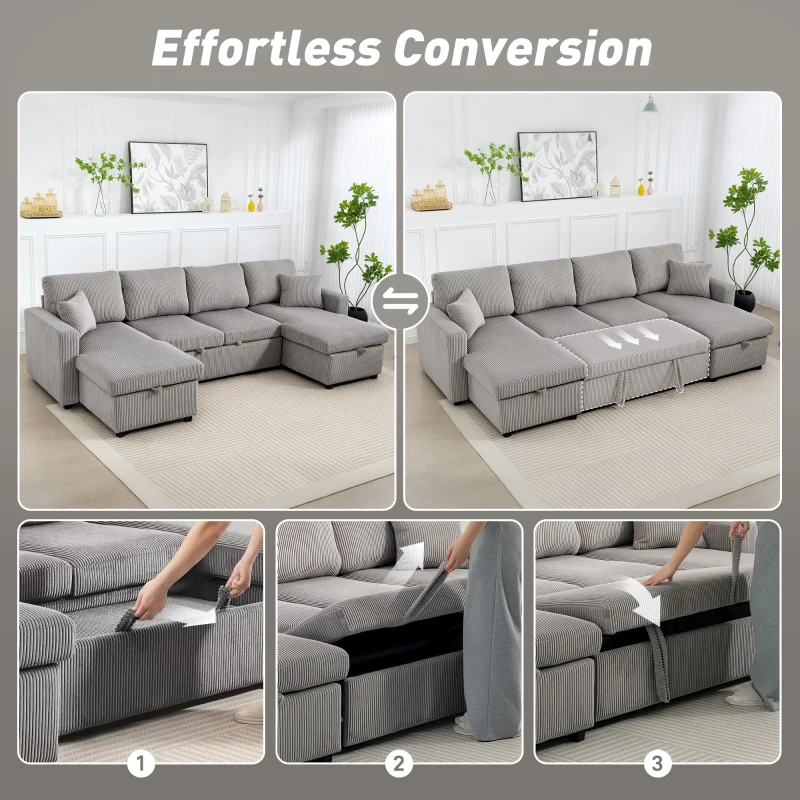 HOMCOM Divano Letto Moderno a U con 2 Chaise Longue e Vani Contenitore, Velluto a Coste, 282x140x86 cm, Grigio