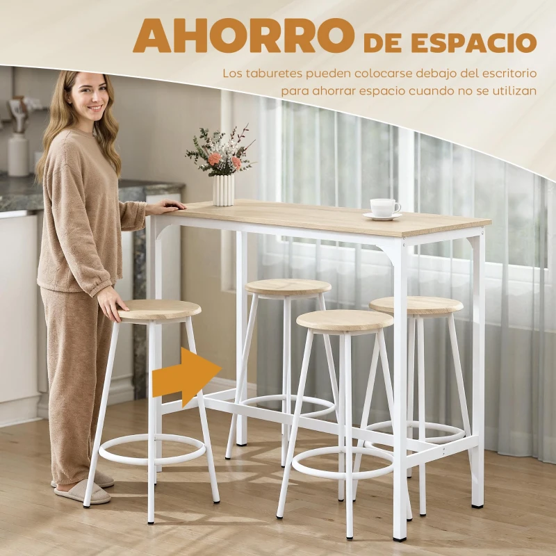 HOMCOM Set de Mesa de Bar y 4 Taburetes Estilo Industrial Marco de Metal para Cocina Salón Natural y Blanco