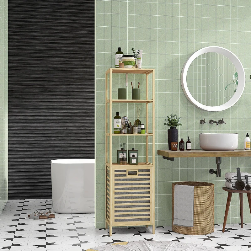 HOMCOM Etagère de rangement pour salle de bain en bambou avec 3 étagères et 1 panier à linge amovible 44L x 33l x 160H cm