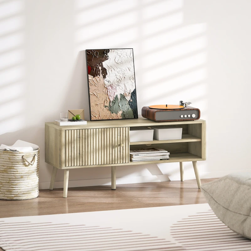 HOMCOM Meuble TV, meuble télé avec placard à porte, compartiments ouverts et étagère réglable, 115x35x49cm, chêne