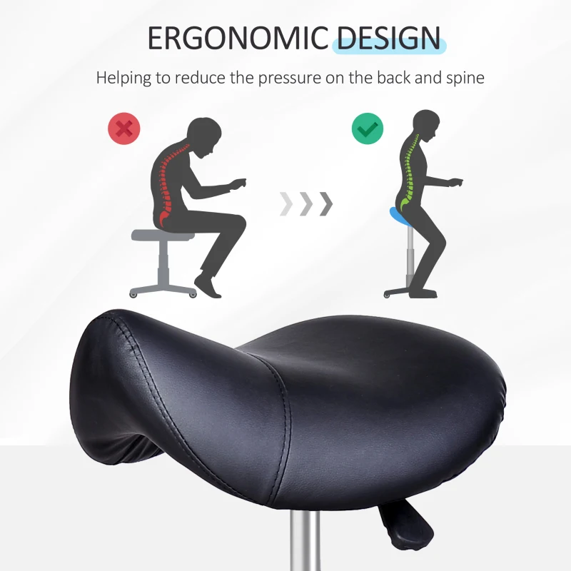 HOMCOM Saddle Stool, PU Leather Adjustable Rolling Salon Chair with Steel Frame for Massage, Spa, Beauty and Tattoo, Black