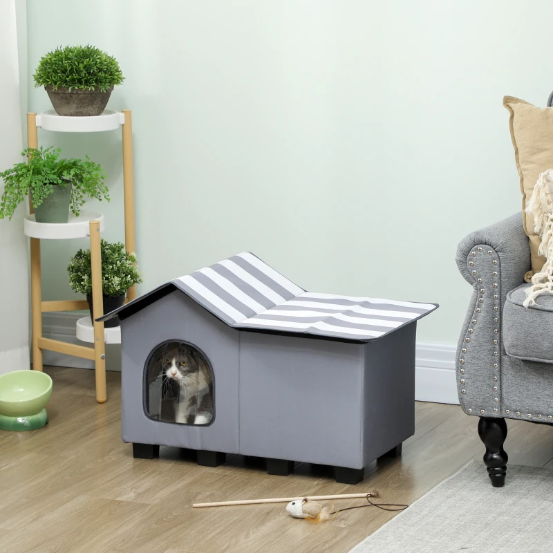 PawHut Outdoor Cat House, Weather Resistant Feral Cat Cave with Elevated Base and Cushion for Winter, Grey