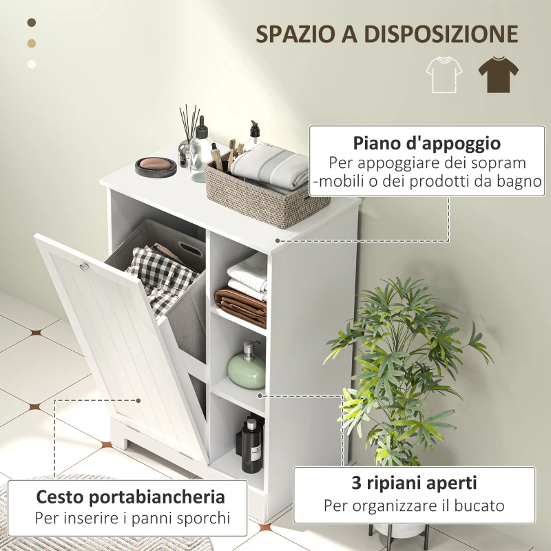 HOMCOM Mobile Bagno Portabiancheria con Cesto Rimovibile e Ripiani Regolabili, 60x38x86 cm, Bianco
