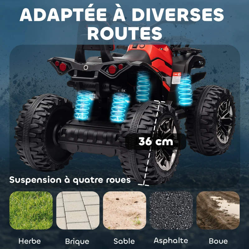 HOMCOM Quad Buggy électrique Enfant 12 V 8 Km/h Max. Voiture électrique Enfant avec Effets Lumineux sonores Selle avec Dossier Porte-Bagage Avant métal PP Rouge Noir(m-5)