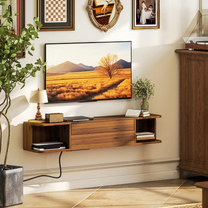 HOMCOM TV-Unterschrank bis 50\" wandhängend mit Steckdosen, USB und Typ-C, Schublade und Ablagen, 120x24x22.4 cm, Nussbaum