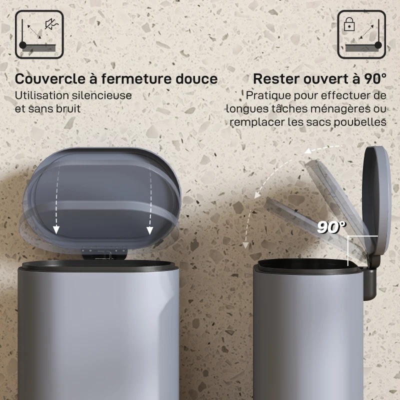 HOMCOM Poubelle cuisine 6L, poubelle à pédale en métal avec seau intérieur, couvercle à fermeture douce, 24,5x21,5x29,5cm, gris