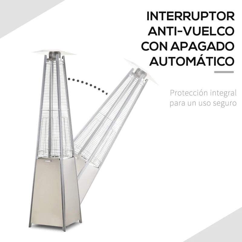 Outsunny Estufa de Gas para Exterior Pirámide 10,5 KW Calefactor para Patio de Propano Acero Inoxidable con Funda Protectora Regulador Manguera y Ruedas 57,5x52,5x227 cm Plata