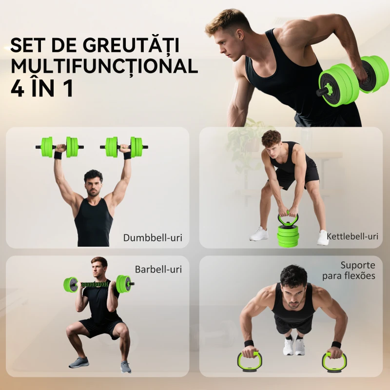 SPORTNOW Set Greutăți Sala de Sport 4 în 1 de 20kg, Convertibil în Kettlebell, 2 Gantere, Bară de Haltere și Suport pentru Flotări, Verde