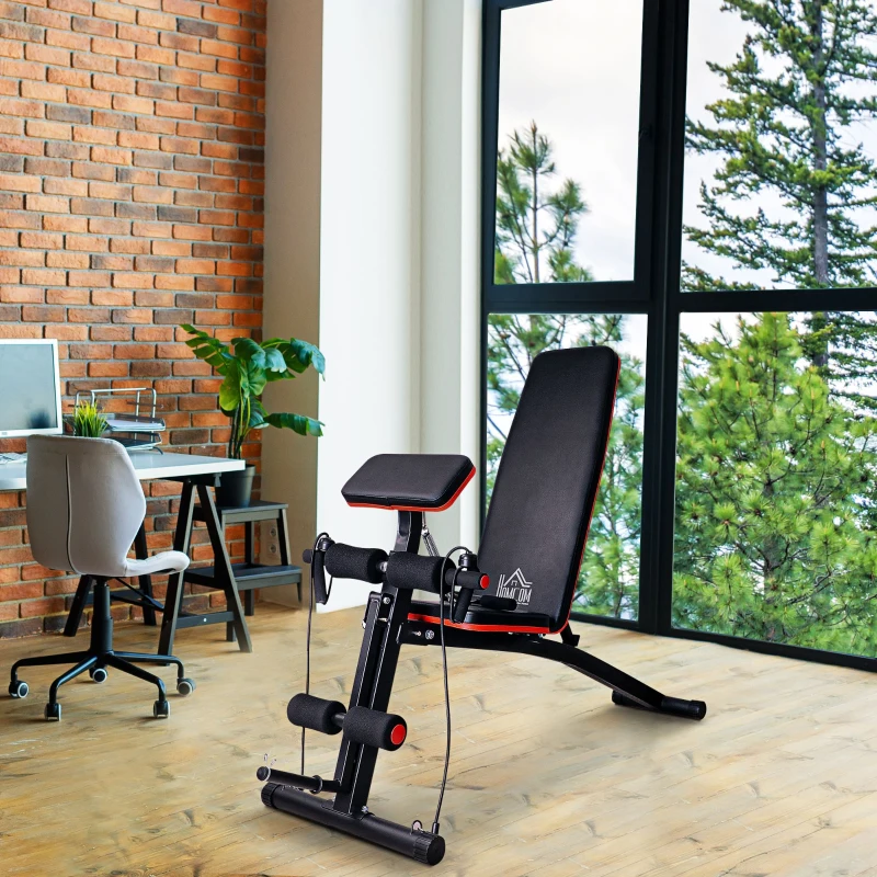 HOMCOM Banc de musculation pliable inclinable, banc réglable pour le développé couché, le curl biceps, la musculation du dos et des abdominaux, avec extenseur des jambes, acier, noir rouge