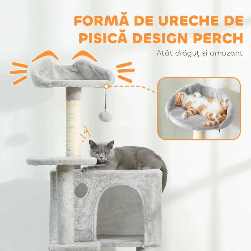 PawHut Ansamblu de joacă pentru pisici cu 2 căsuțe, hamac, culcuș și stâlpi din sisal, 48x48x160 cm, gri