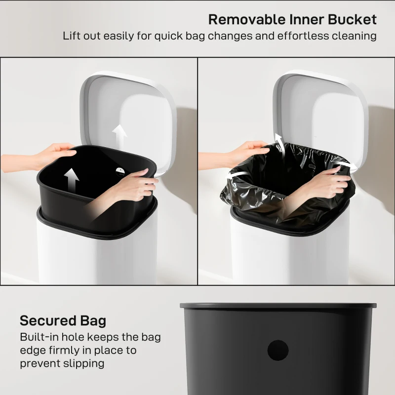 HOMCOM 30L Kitchen Bin, Compact Pedal Bin with Soft-Close and Stay-Open Lid, Removable Bucket for Kitchen, Home, Office, White