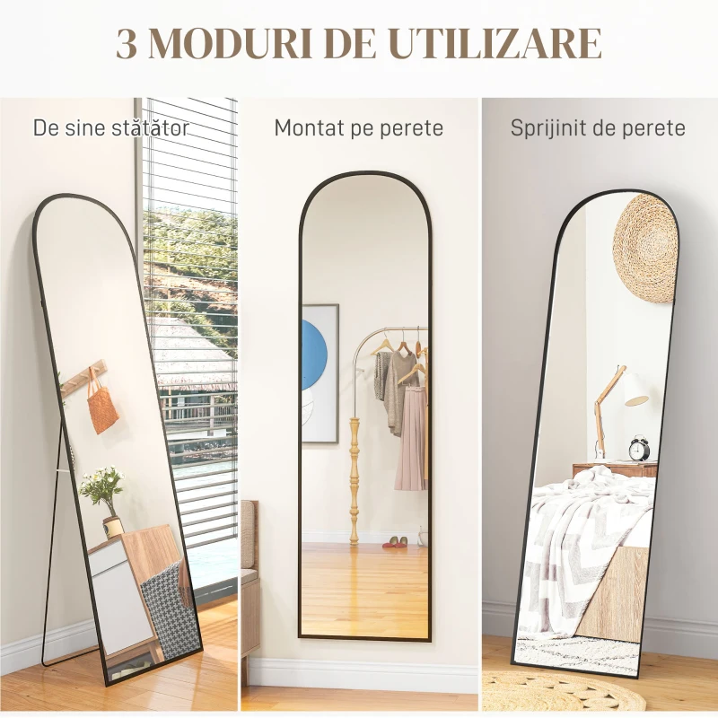 HOMCOM Oglindă de Podea și Perete Modernă din Aliaj de Aluminiu cu Suport Pliabil, 50x170 cm, Neagră