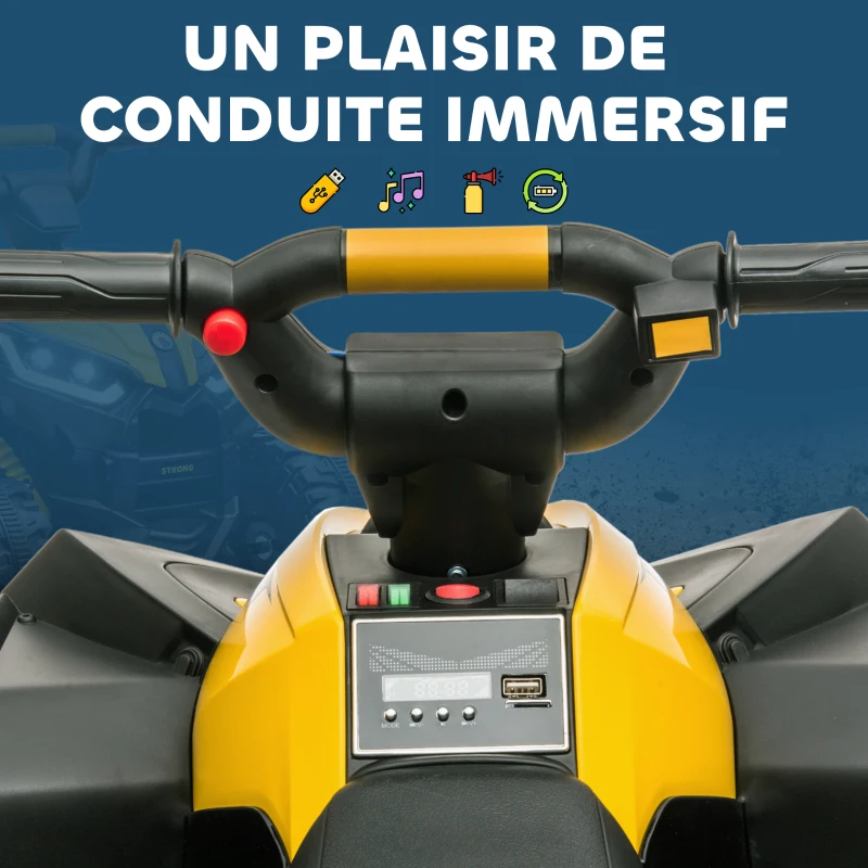 HOMCOM Quad électrique enfant 12 V, voiture électrique enfants 2 moteurs 2 vitesses 3-6 km/h, phares LED, klaxon, pour enfant de 3 à 5 ans, poignée et selle ergonomique, jaune(m-6)