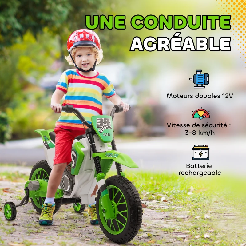 HOMCOM Moto Cross électrique pour Enfant 3 à 5 Ans 12 V 3-8 Km/h avec roulettes latérales Amovibles dim. 106,5L x 51,5l x 68H cm Vert(m-4)