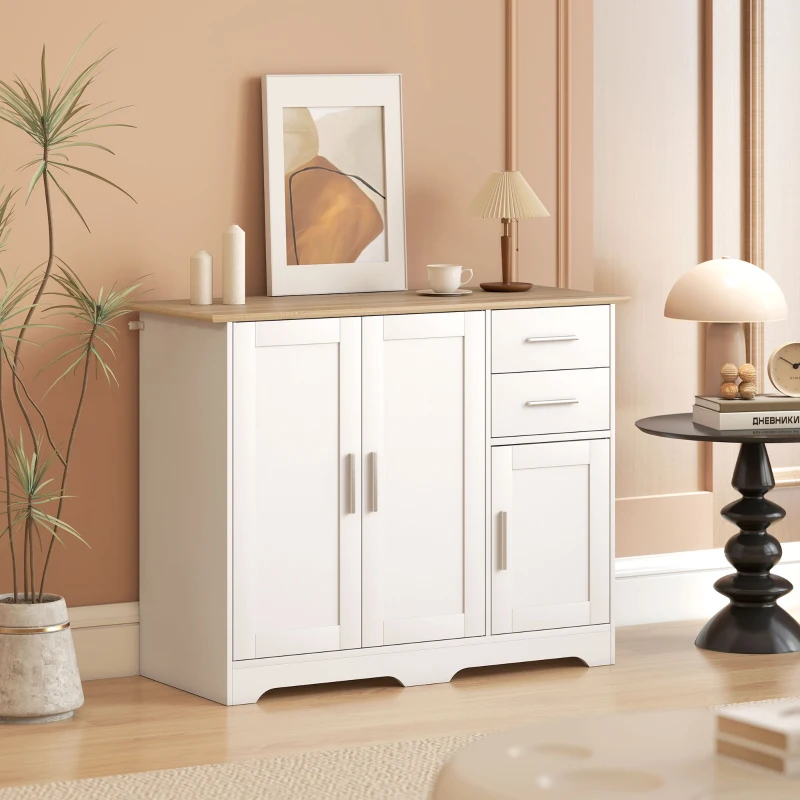 HOMCOM Buffet salon, meuble de rangement avec 2 tiroirs, 3 portes et étagère réglable, 100 x 40 x 78 cm, blanc et bois naturel
