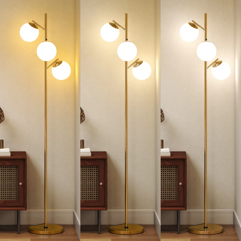 HOMCOM 3-Light Tree Floor Lamps for Living Room, Modern Standing Lamp for Bedroom with Globe Lampshade, 3000K/4000K/6000K Colour Temperatures, Steel Base, Gold Tone
