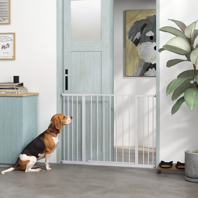 PawHut Barrière de sécurité longueur réglable 76-82 / 86-97 / 101-107 cm hauteur 76 cm sans perçage métal plastique blanc