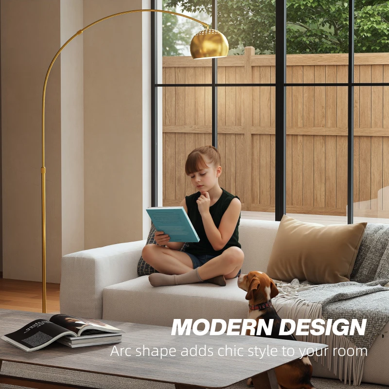 HOMCOM 180cm Arc Floor Lamp for Living Room, Modern Adjustable Standing Lamp with Foot Switch, Faux Black Marble Base and Bell Shade for Home Offices, Bedrooms, Gold Tone