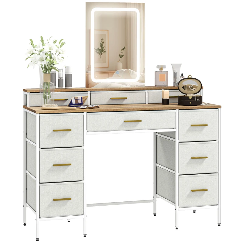 HOMCOM Coiffeuse avec miroir et lumières LED 3 couleurs, table de maquillage 10 tiroirs en tissu, 118,5 x 39,5 x 140 cm naturel