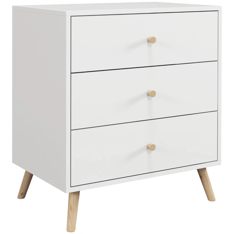 HOMCOM Commode 3 tiroirs Design scandinave Meuble de Rangement Chambre MDF Blanc poignée piètement effilé Bois Massif de pin