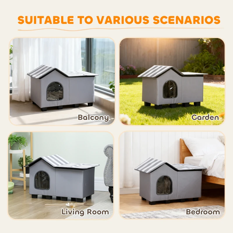 PawHut Outdoor Cat House, Weather Resistant Feral Cat Cave with Elevated Base and Cushion for Winter, Grey