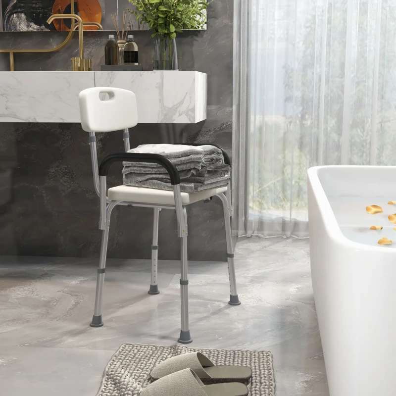 HOMCOM Chaise de Douche siège de Douche Ergonomique Hauteur réglable Pieds antidérapants Dossier accoudoirs Amovibles Charge Max. 136 Kg alu HDPE Blanc