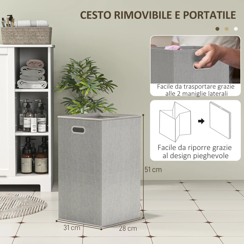 HOMCOM Mobile Bagno Portabiancheria con Cesto Rimovibile e Ripiani Regolabili, 60x38x86 cm, Bianco