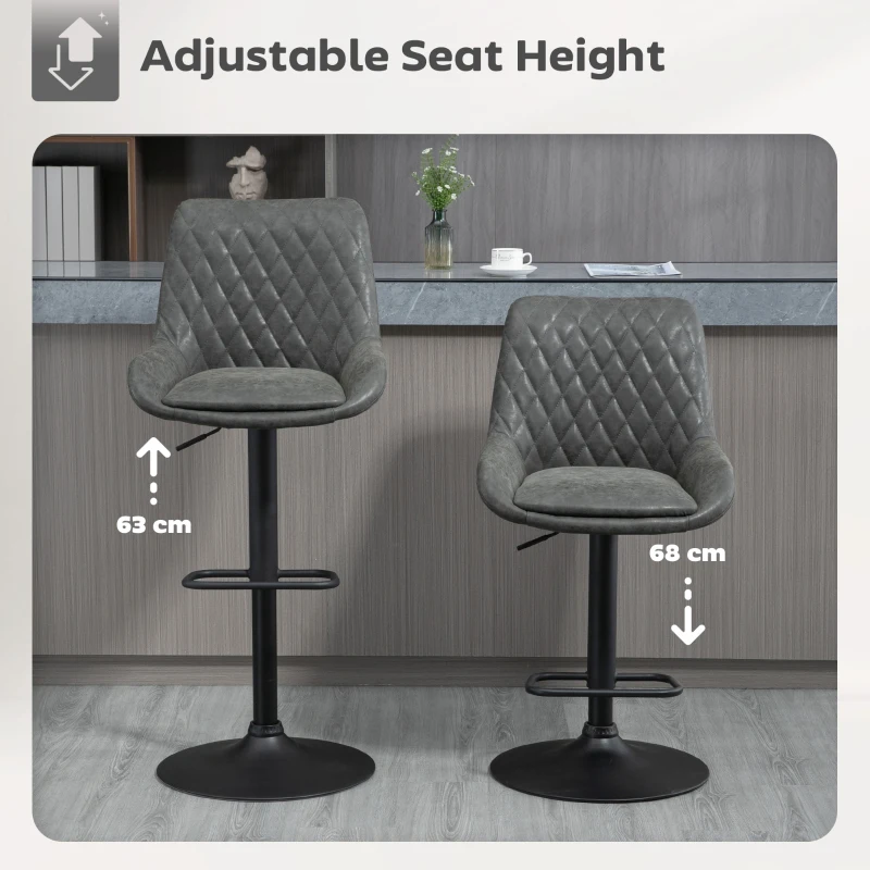 HOMCOM Retro Bar Stools Set of 2, Adjustable Kitchen Stool, Upholstered Bar Chairs with Back, Swivel Seat, Dark Grey(m-4)