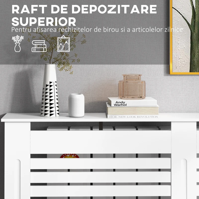 HOMCOM Mască de Calorifer cu Lamele și Raft din Lemn Alb 152x19x81 cm