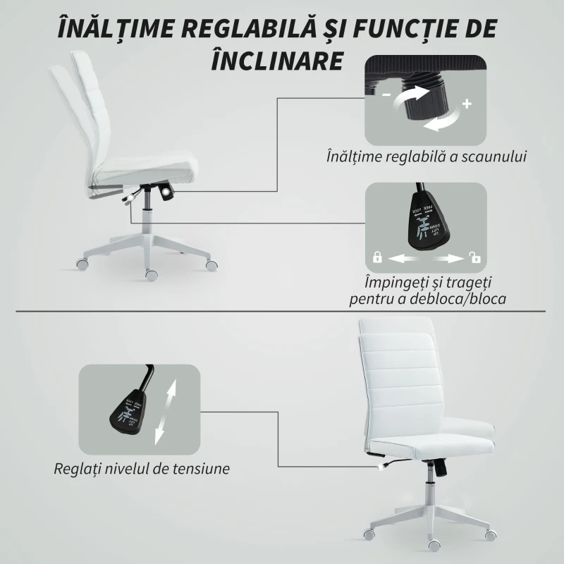 HOMCOM Scaun de Birou Ergonomic și Reglabil cu Spătar Curbat, din Piele PU și Oțel, 58x53x97-107 cm, Alb