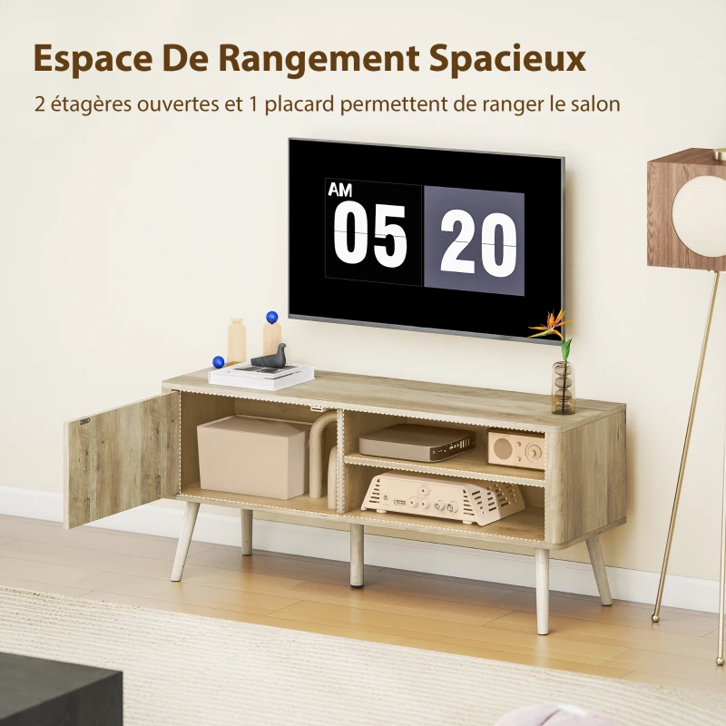 HOMCOM Meuble TV, meuble télé avec placard à porte, compartiments ouverts et étagère réglable, 115x35x49cm, chêne