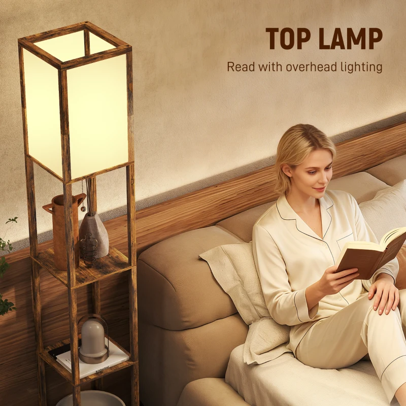HOMCOM Floor Lamp with Shelves, 4 Layer Standing Lamp with USB Ports, 3 Colour Temperature, Rustic Brown