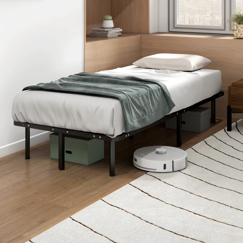 HOMCOM Estructura de Cama Industrial de 28 Lamas con Espacio de Almacenaje, en Madera y Acero, 190x90x31 cm, Negro y Madera