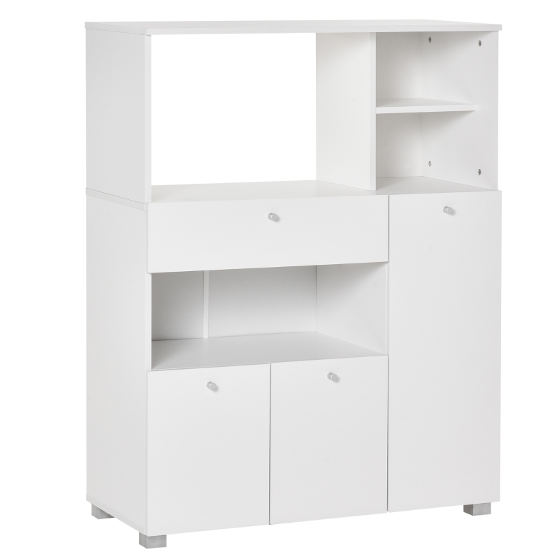 HOMCOM Meuble de micro-onde armoire cuisine meuble de rangement multi-rangements buffet avec 2 placards 4 niches tiroir coulissant dim. 90L x 40l x 120H cm en bois blanc