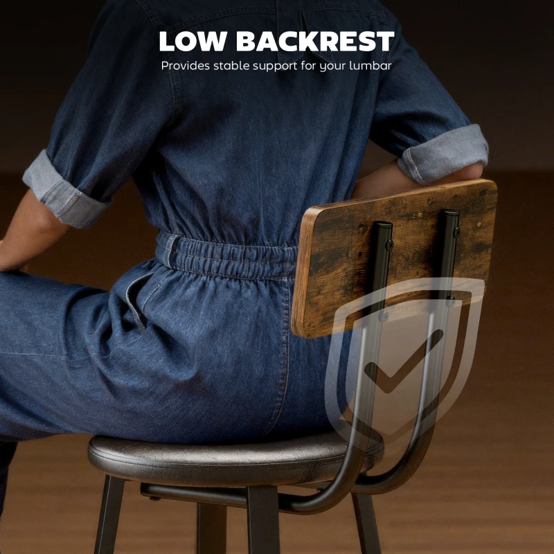 HOMCOM Set de 2 Scaune de Bar Captușite cu Spătar și Suport pentru Picioare - Maro Rustic și Negru