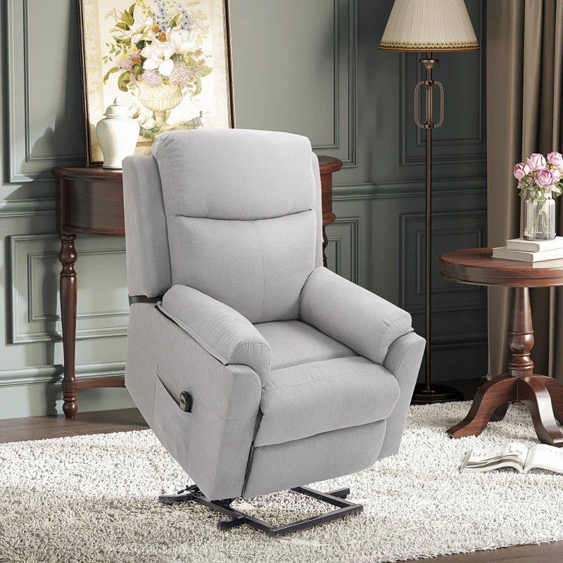 HOMCOM Fauteuil releveur électrique, fauteuil relax électrique avec repose-pied, dossier inclinable, télécommande et poche latérale charge 120kg tissu aspect lin gris clair(m-10)