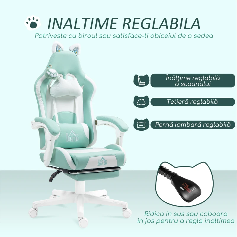 Scaun de Gaming Reclinabil HOMCOM cu Suport pentru Picioare și Perne, din Piele Artificială și Spumă, 65x62x116-124 cm, Albastru și Alb