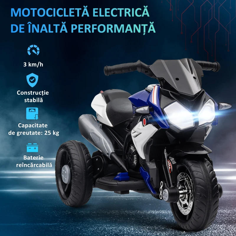 HOMCOM Motocicletă Electrică pentru Copii 3-5 Ani, Max. 25kg, cu Baterie 6V, Albastru