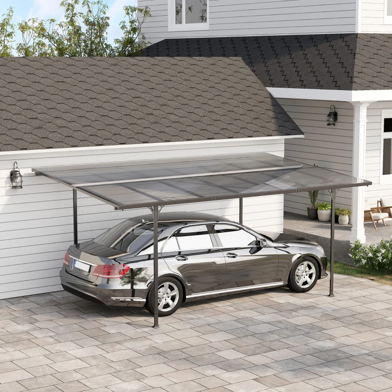 Outsunny Pergola rigide alu. polycarbonate pavillon de jardin abri de voiture 500 x 299 x 195/223 cm gris