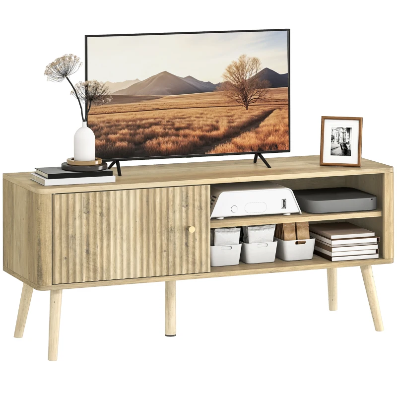 HOMCOM Meuble TV, meuble télé avec placard à porte, compartiments ouverts et étagère réglable, 115x35x49cm, chêne
