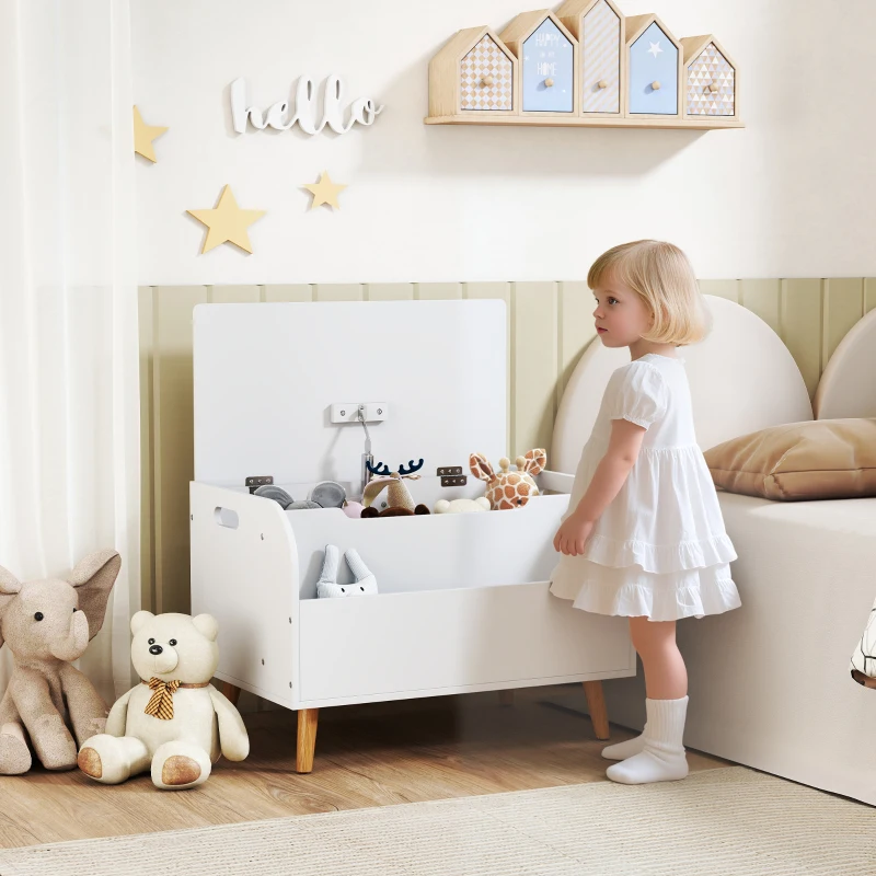 AIYAPLAY Coffre à jouet enfant, coffre de rangement enfant, couvercle rabattable et compartiment ouvert, 60x40x43cm, blanc