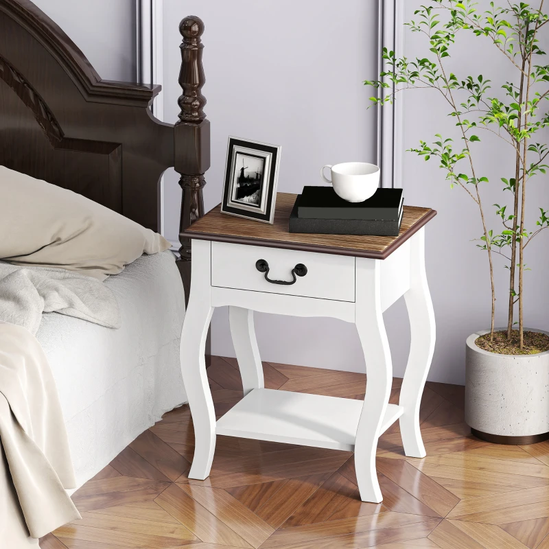 HOMCOM Noptieră Modernă cu Sertar și Raft Deschis din Lemn Alb și Lemn Natural