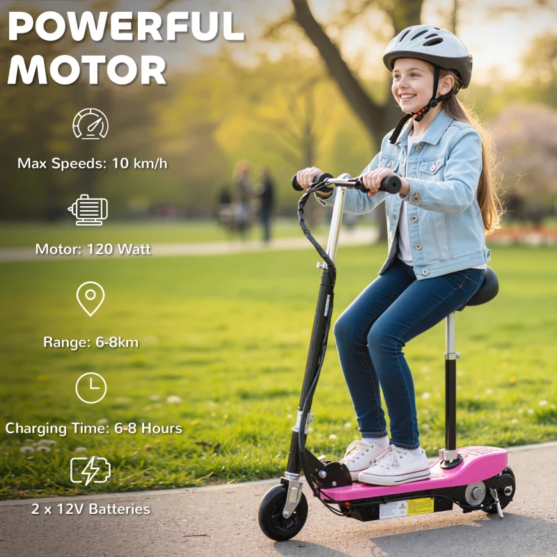 HOMCOM Foldable Powered Scooter Ride on 12V 120W W/Brake Kickstand-Pink
