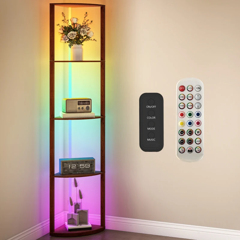 HOMCOM RGB LED Floor Lamp with Shelves, 5-Tier Dimmable Standing Lamp with Adjustable Brightness and Remote Control, Modern Corner Display Shelf Unit for Living Room Bedroom Office, Brown