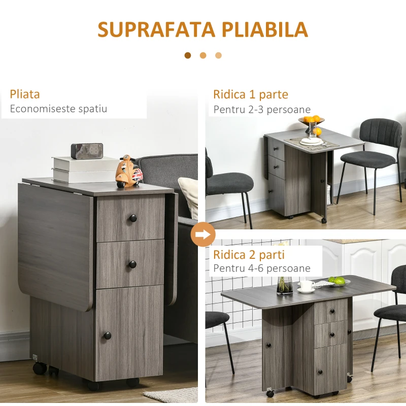 HOMCOM Masă Extensibilă pe 6 Roți cu 2 Sertare și Dulap cu Uși, din Lemn, 120x60x76.5 cm, Gri