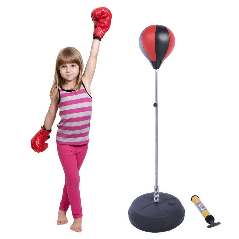 HOMCOM Sac de Frappe sur Pied Punching ball sur pied réglable en hauteur 126-144 cm avec gants, pompe et base de lestage pour enfants et débutants noir et rouge
