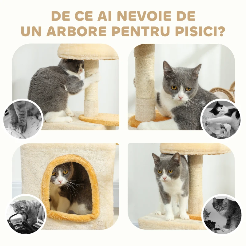 PawHut Arborele pentru Pisici cu Crenguță și Căsuță 40x30x72 cm Bej și Galben