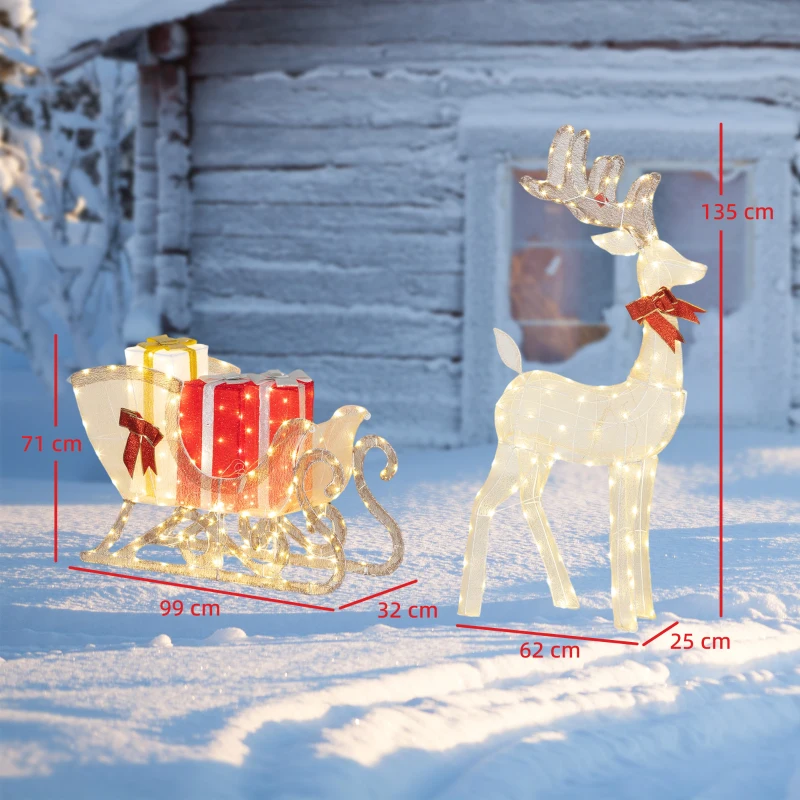 Outsunny Reno navideño iluminado con trineo, LEDs blanco cálido, armazón de acero, resistente al agua, color dorado