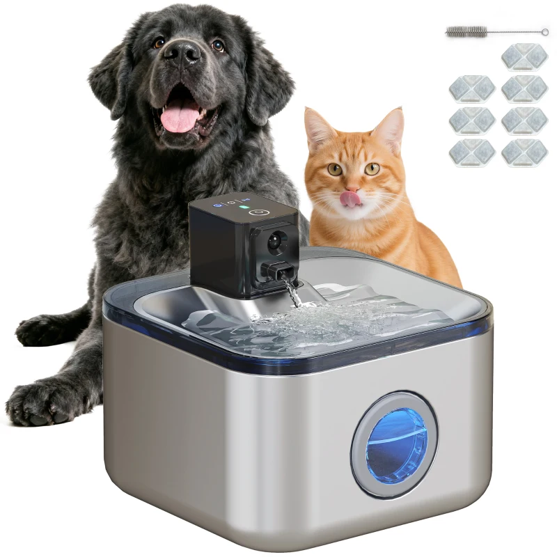 PawHut Fontaine à eau pour chat automatique en inox 4,2L, silencieuse, distributeur eau chat 3 filtre et chargeur USB, argent