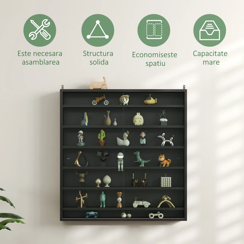 HOMCOM Dulap Tip Vitrină de Expoziție cu Rafturi Reglabile, Montată pe Perete, Negru
